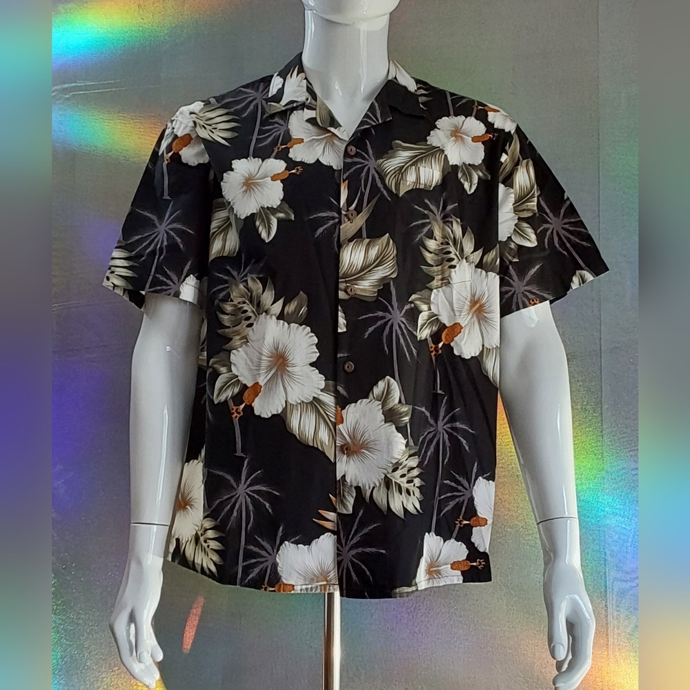PARADISE Men's Floral Black Hawaiian Shirt LARGE